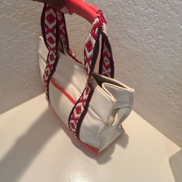 Tory Burch Canvas Tote Bag Neutral Blue Red Boho Strap Coastal Beach Vacation - Picture 5 of 12